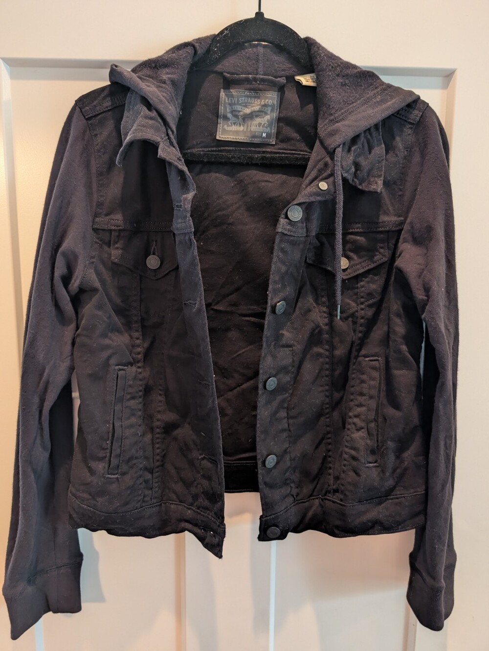 Levi's Black Denim Hooded Jacket W/Sweatshirt Sleeves/Hood